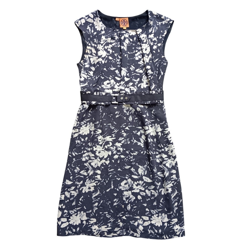 Tory Burch Silk Sheath Dress Womens 2 Navy Floral Belted Sleeveless